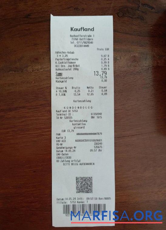 Printable Germany Kaufland payment receipt sample